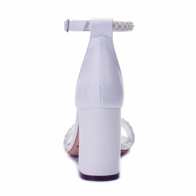 Pearl Strap White Embellished Ankle Ivory Women's Block