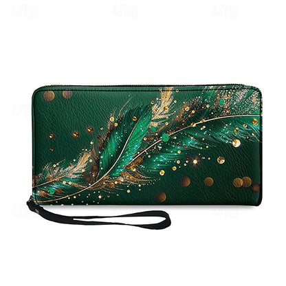 Women's with Gilded Large Capacity Wallet Feather Print
