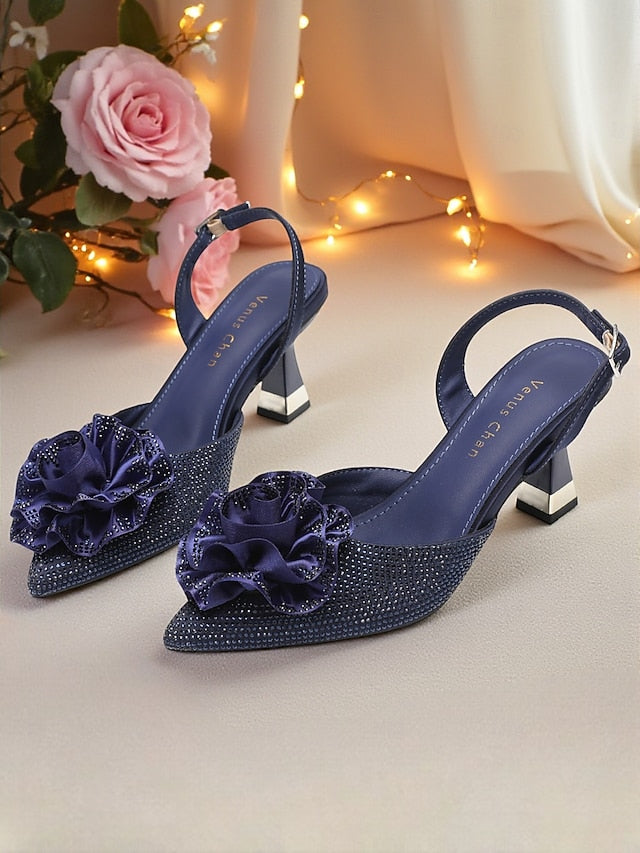 Rhinestone Heels Floral Slingback Women's with Purple
