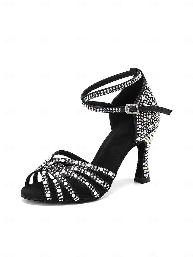 High Sandals with Heel Tan Latin Rhinestone-Embellished Dance