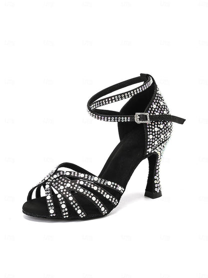 High Sandals with Heel Tan Latin Rhinestone-Embellished Dance