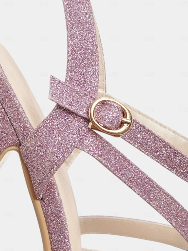 Glitter Women's High Sandals Strap Ankle Heel with Platform