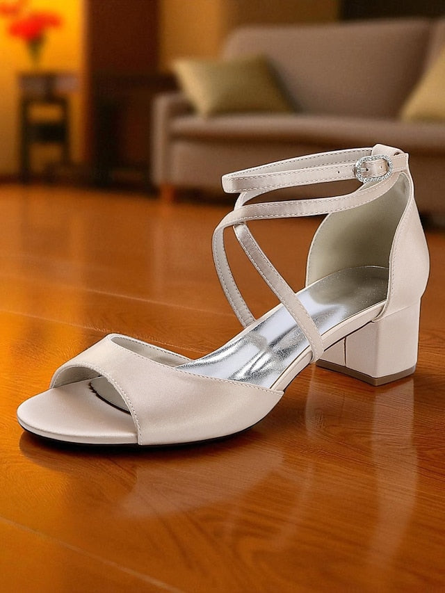Elegant Block Sandals Women's - Ankle Heel Strap Satin with