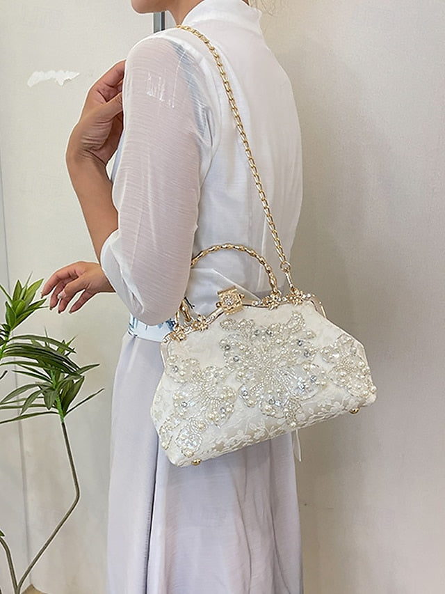 Handbag and Floral White Pearl Evening Elegant Lace with