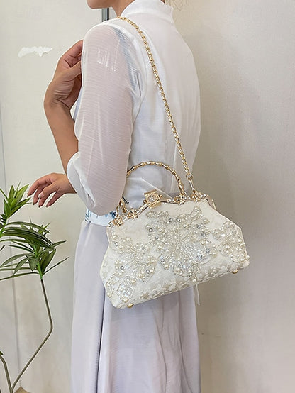 Handbag and Floral White Pearl Evening Elegant Lace with