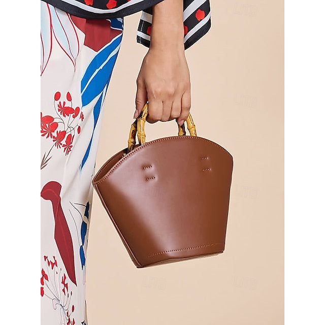 Brown Bamboo Leather Bucket Bag Handle with Women's