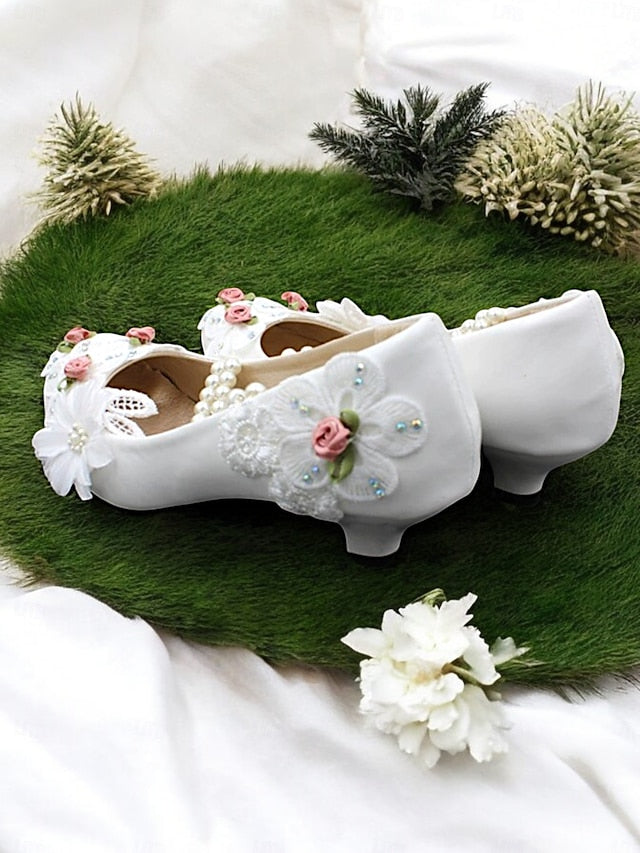 Floral Bridal for Strap White Pearl Low Shoes Embellished Heel