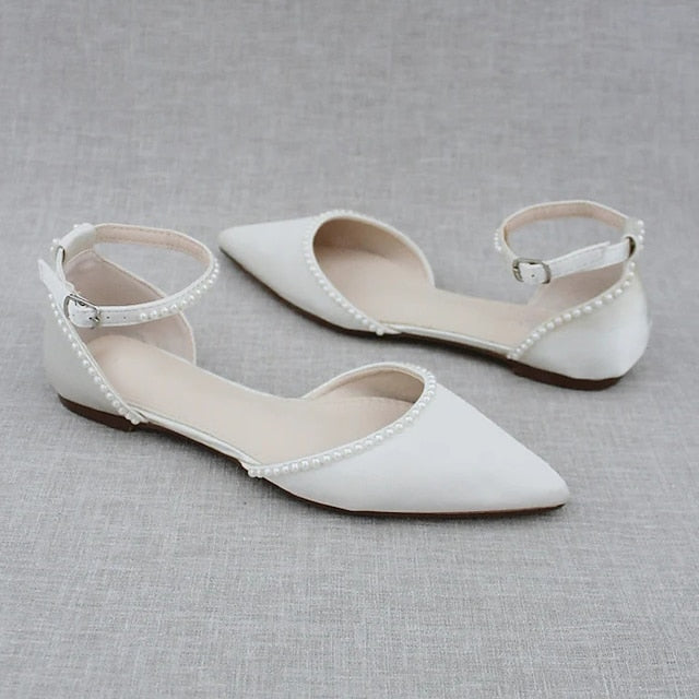 Shoes Women's Flat with Toe Pearl-Embellished White Pointed