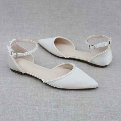 Shoes Women's Flat with Toe Pearl-Embellished White Pointed