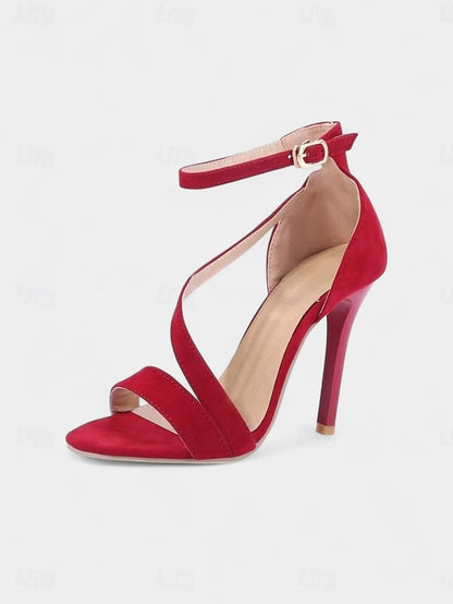 Sandals Stiletto High Open-Toe - Suede Red Women's Strappy