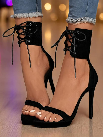 Ankle Heel High - Black Sexy Sandals Lace-Up Women's Strap