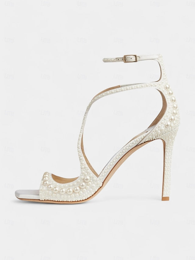 with Open-Toe White Sandals Stiletto Pearl-Embellished Ankle