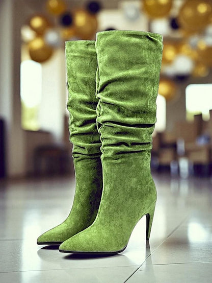 Boots Toe Velvet Pointed - Green Slouch Women's High Knee