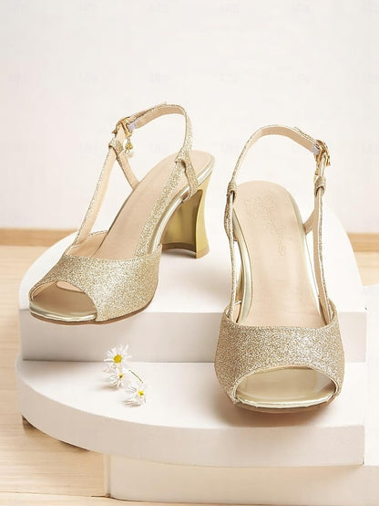 Slingback Gold - Sparkly Glitter Open-Toe Heels Women's