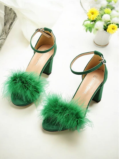 Block Sandals for Feather-Embellished – Wedding Heel Women