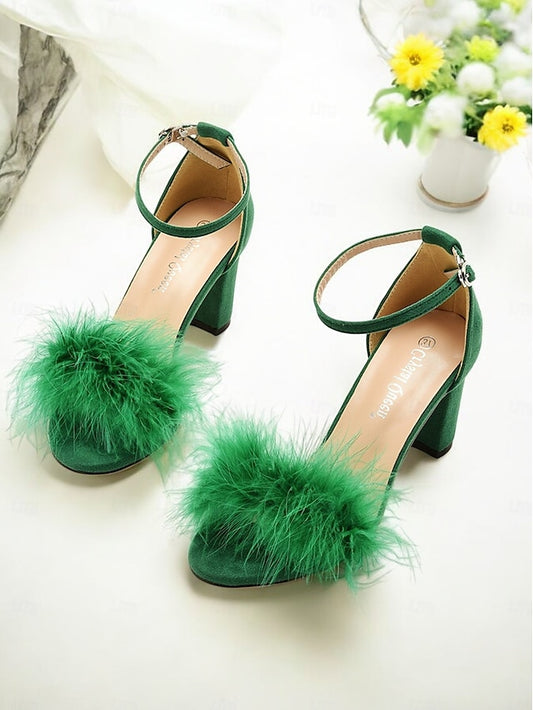 Block Sandals for Feather-Embellished – Wedding Heel Women