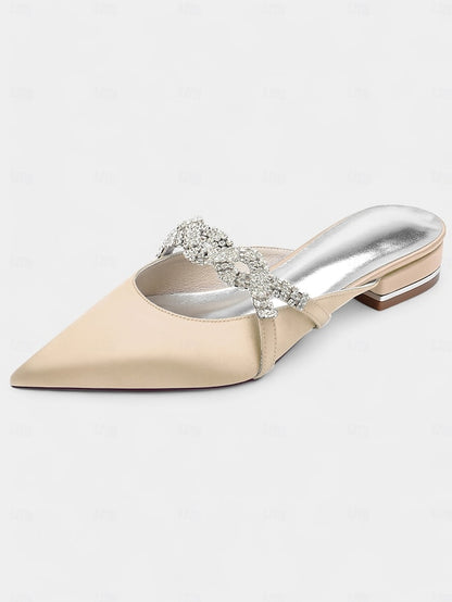 - Rhinestone with Heels Satin Pointed-Toe Mule Blue Detailing