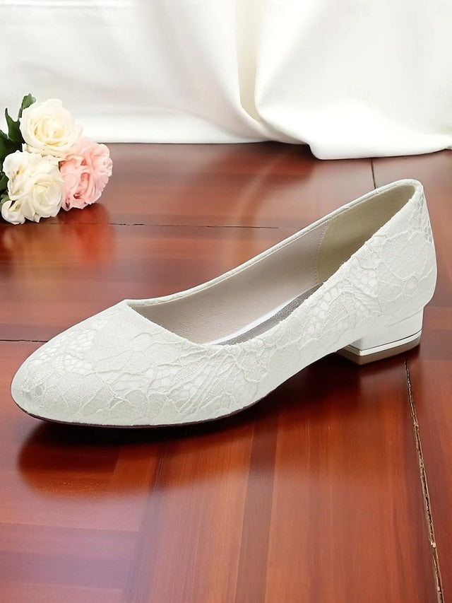 Low Ivory Wedding Flats Lace Heel Women's