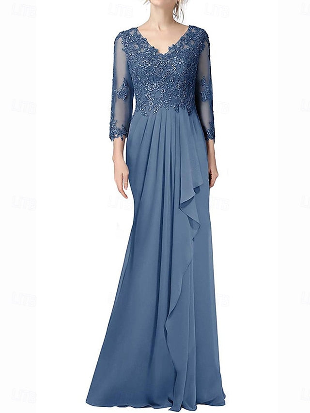 Neck Dress Floor Elegant of Bride Mother V Length the A-Line