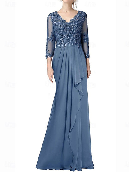 Neck Dress Floor Elegant of Bride Mother V Length the A-Line