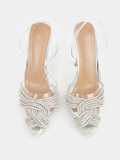 Silver with – Sandals Stiletto Straps Rhinestone Transparent