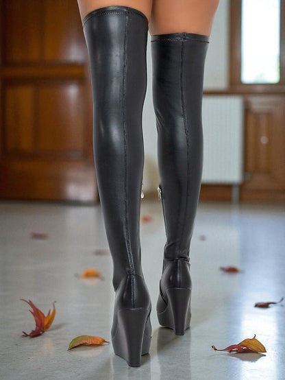 the Knee Heel Women's Wedge Faux Leather - Boots Over Black