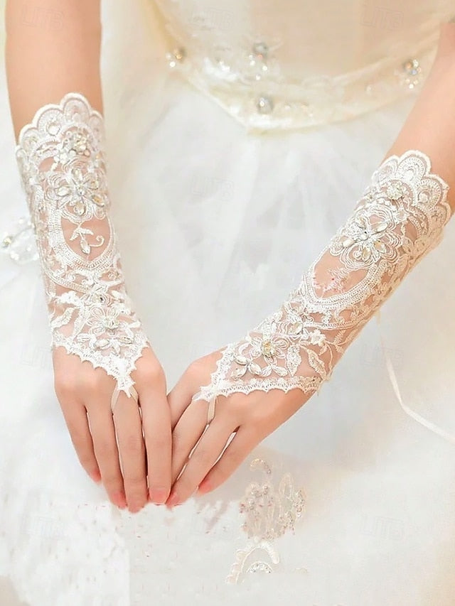 Gloves Wedding with Lace Pearls Elegant Bridal – Accessories