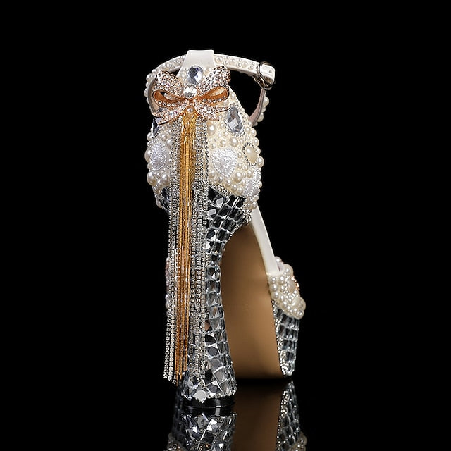 White Women's Embellished Rhinestone and Platform Pearl