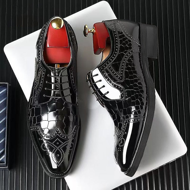 Leather with Patent Brogue Shoes Men's Burgundy Oxford