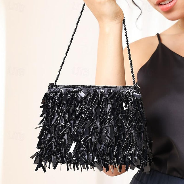Sparkling Crystal Evening and Fringe with Black Clutch Luxurious