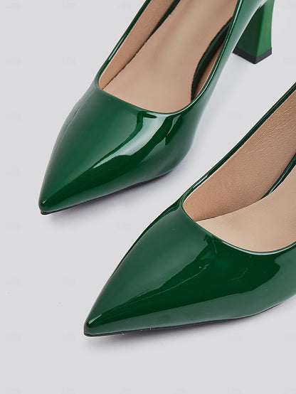 Heel Green Leather Faux Glossy Patent Pumps Pointed-Toe Block