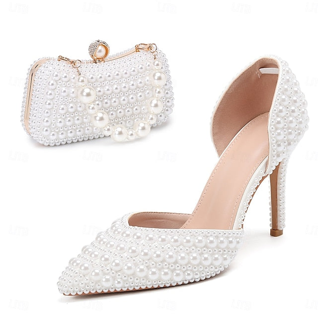 Set Women's and Stiletto – Pearl Bag White Clutch Heels