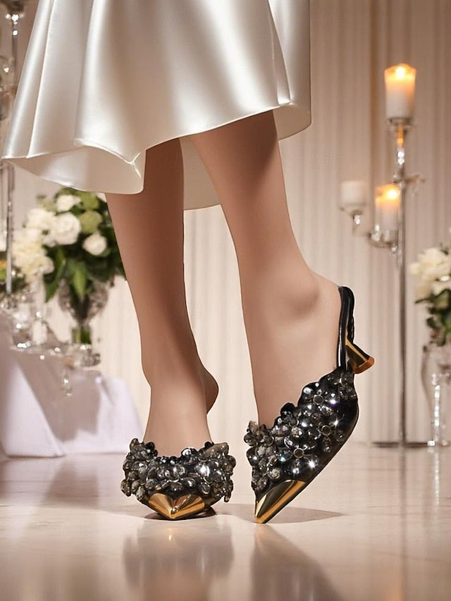 Mules Pointed-Toe Embellished – Black Rhinestone Women's