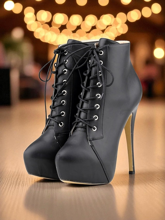 Leather Ankle Beige Platform Faux Women's - Boots Lace-Up