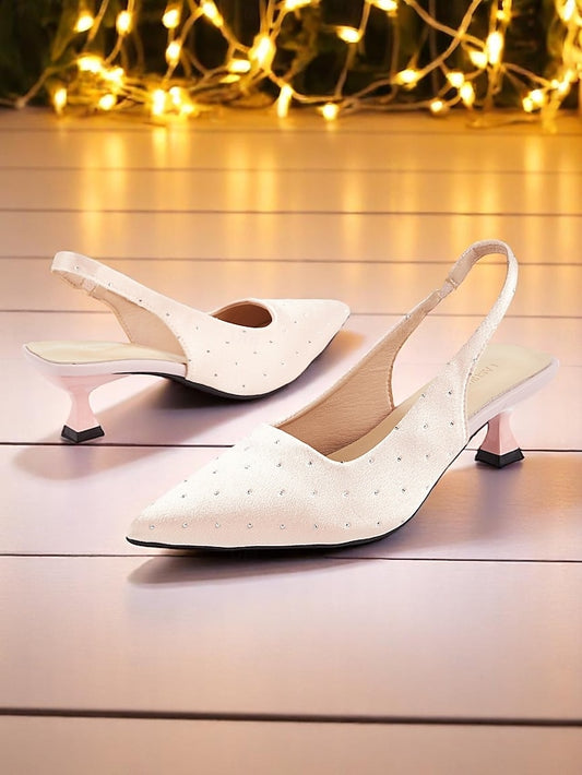 Satin Slingback Women's with Kitten Rhinestone Studs Heels