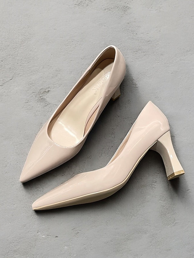 Heel Green Leather Faux Glossy Patent Pumps Pointed-Toe Block