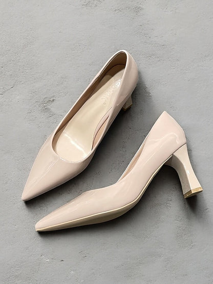 Heel Green Leather Faux Glossy Patent Pumps Pointed-Toe Block