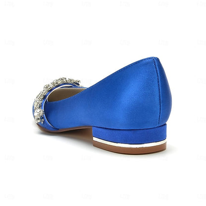 Shoes Pointed with Toe Crystal Wedding Satin Flat and White