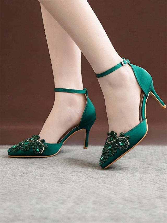 Ankle Satin Pointed – Heels Emerald Green Women's Strap