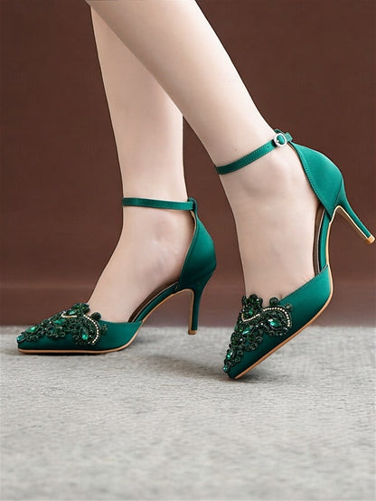 Heels Women's Green Ankle Pointed Strap Emerald – Satin