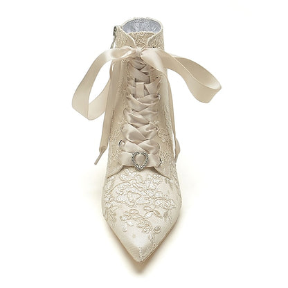 Bridal Women's – Booties Embroidered Lace-Up Floral White