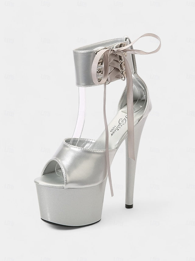 Black Patent with Platform Sandals Leather Ankle Straps Lace-Up