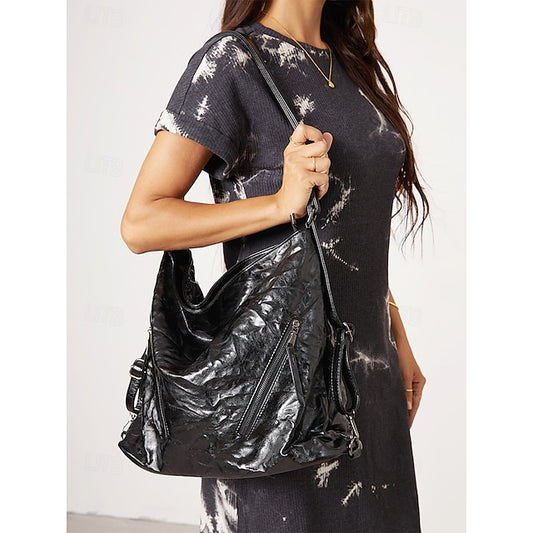 Women's Black Hobo Leather – Patent Crinkle Bag Sleek