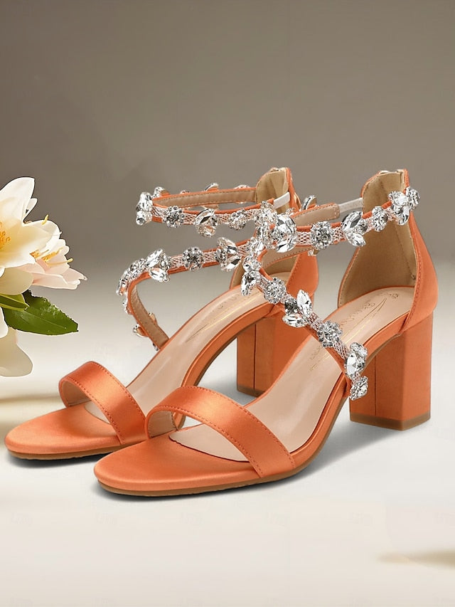 Satin Heel Sandals Block Pink Straps Women's with Crystal