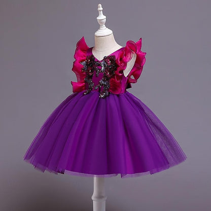 Party Color Flower Sequin Kids Solid Girls' Dress