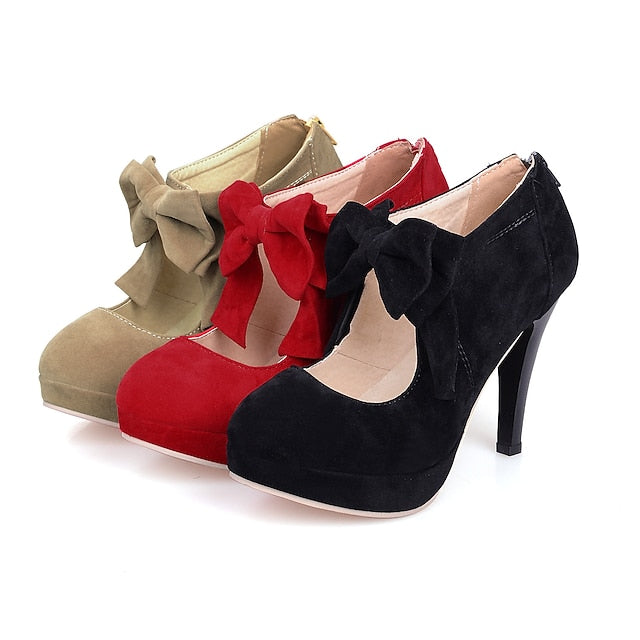 Heel Bow High Suede Platform Vintage – Red Pumps Women's