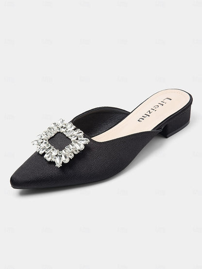 Black with Satin Women's Pointed-Toe Mules Rhinestone