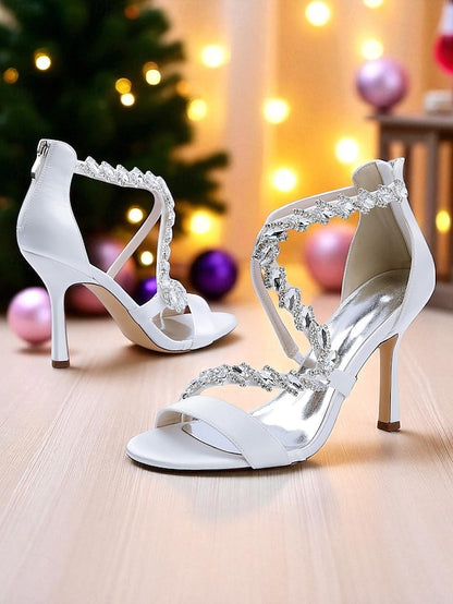- Heel Strappy Sandals White Rhinestone Women's High