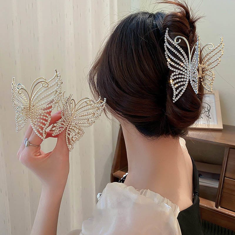 Pince à cheveux en forme de papillon avec perles en cristal géométriques