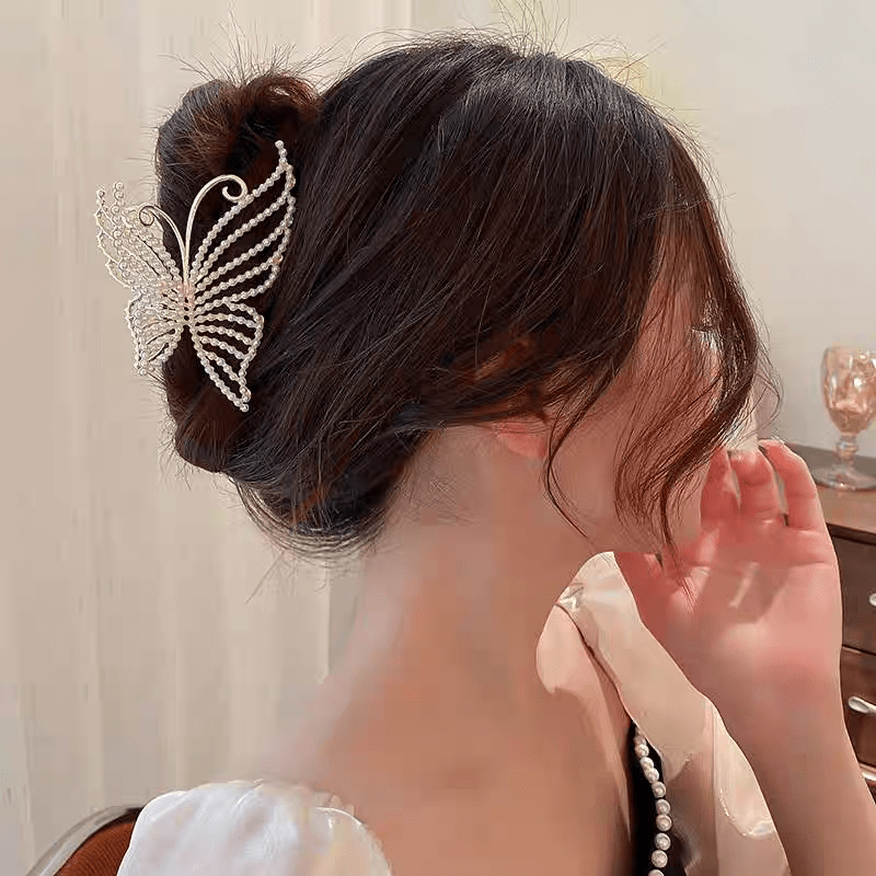 Pince à cheveux en forme de papillon avec perles en cristal géométriques